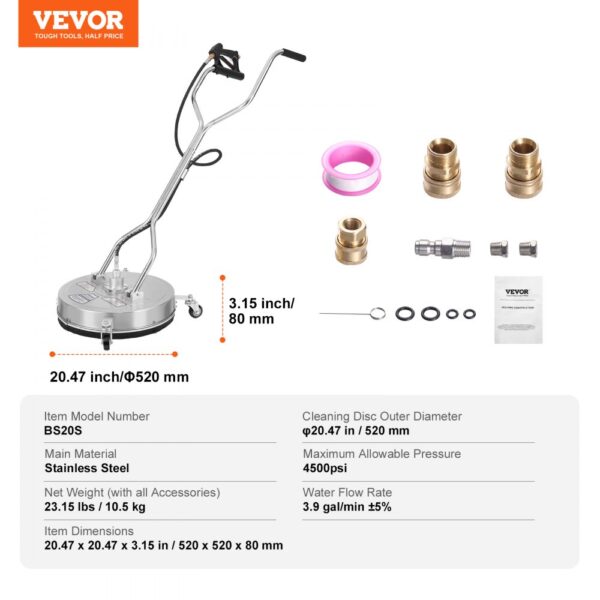 VEVOR pressure washer surface cleaner with stainless steel body, 520mm cleaning disc, and 4500psi.