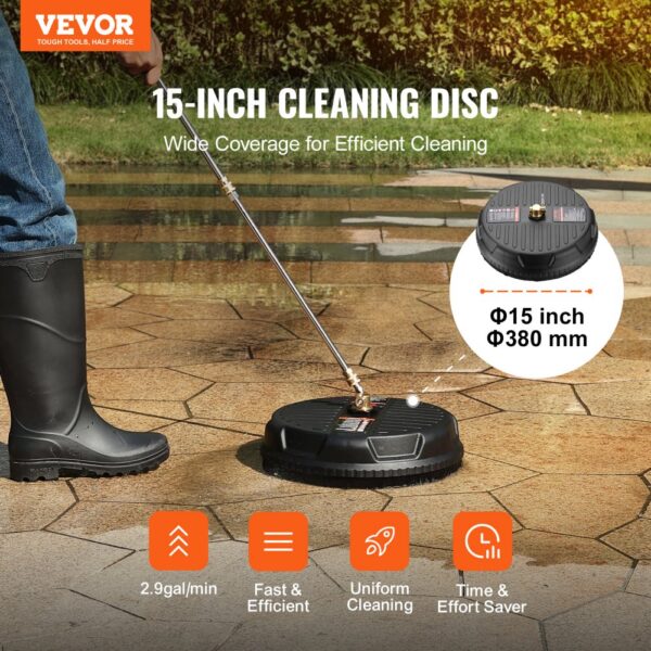 VEVOR pressure washer surface cleaner with 15-inch disc, uniform cleaning, and time-saving features.