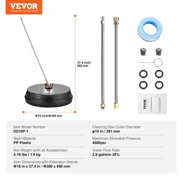 VEVOR pressure washer surface cleaner, 15-inch disc, pp plastic, with extension wands and accessories.