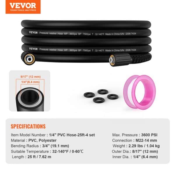 VEVOR pressure washer hose 1/4" pvc, 25ft, max pressure 3600 psi, with o-rings and pink seals.
