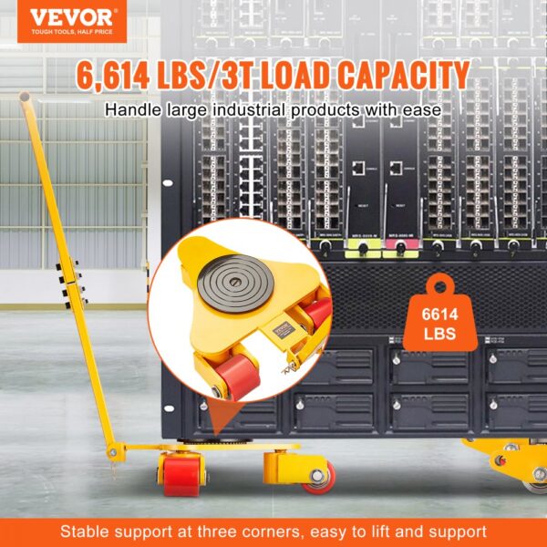 VEVOR machinery skate dolly with 6,614 lbs/3t load capacity for handling large industrial products.