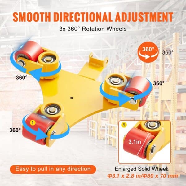 VEVOR machinery skate dolly with 360° rotation wheels for smooth directional adjustment in a warehouse.