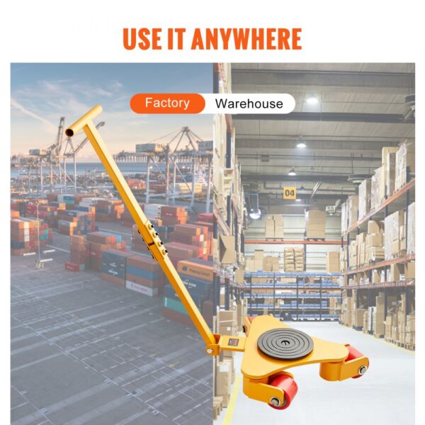 VEVOR machinery skate dolly for moving loads in factory and warehouse settings.