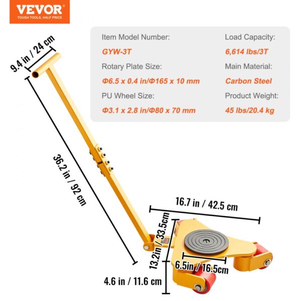 VEVOR machinery skate dolly with load capacity, dimensions, and material specifications displayed.