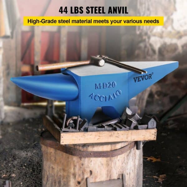 VEVOR blacksmith anvil on sturdy stand with forge tools in rustic workshop environment.