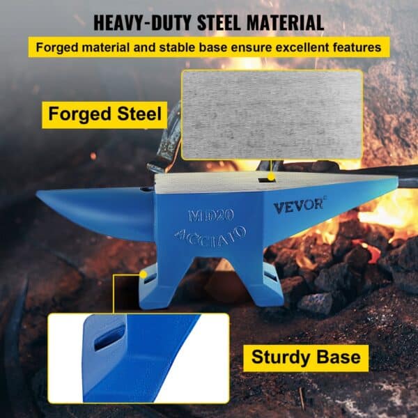 VEVOR blacksmith anvil with forged steel, sturdy base, and heavy-duty material.