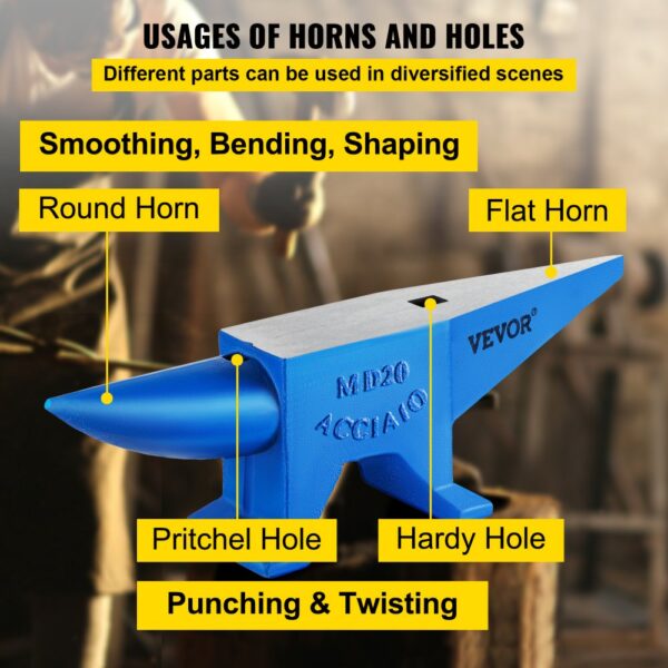 VEVOR blacksmith anvil with labeled horns and holes for various metalworking tasks.