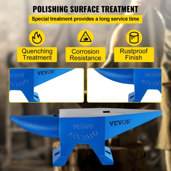 VEVOR blacksmith anvil with polishing surface, quenching treatment, and rustproof finish.