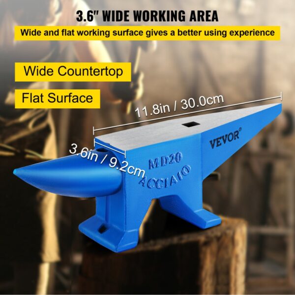 blue VEVOR blacksmith anvil with dimensions 11.8in/30cm by 3.6in/9.2cm marked.