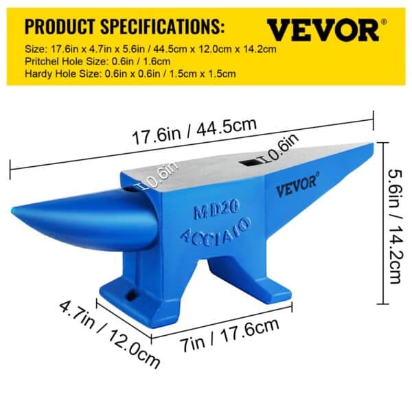 VEVOR blacksmith anvil with dimensions and specifications in yellow background.