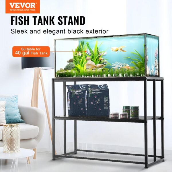 VEVOR aquarium stand with sleek black exterior holds a 40-gallon fish tank, plus lower shelf storage.