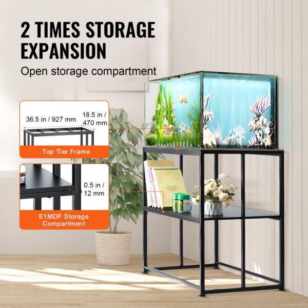 VEVOR aquarium stand with double storage, a top-tier frame of 36.5 in x 18.5 in and an e1mdf shelf.