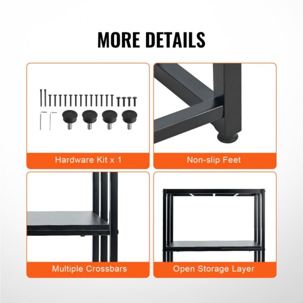 hardware kit, non-slip feet, multiple crossbars, and open storage layer components of VEVOR aquarium stand.