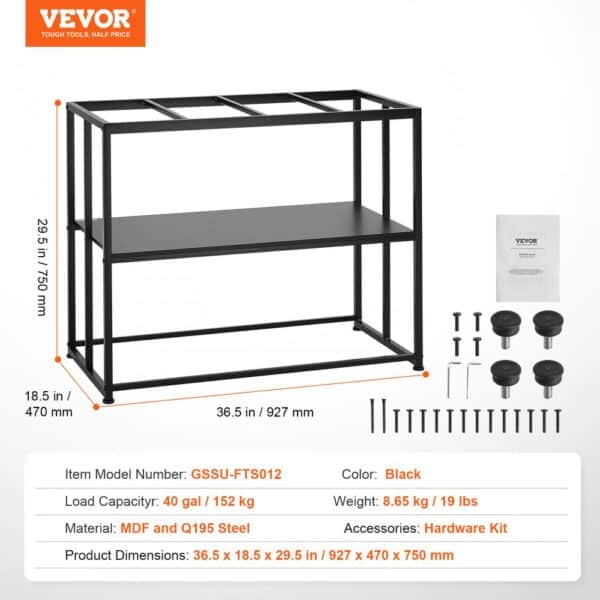 VEVOR aquarium stand with mdf and q195 steel, 40-gallon load capacity, black color, hardware included.