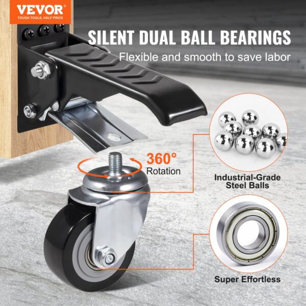 VEVOR workbench caster wheels with silent dual ball bearings, 360-degree rotation, and industrial-grade steel balls.