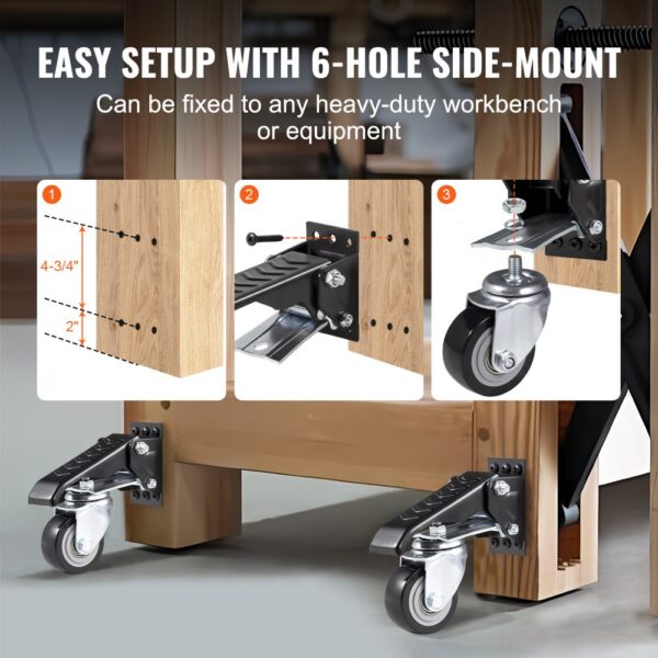 VEVOR workbench caster wheels installation guide; easy setup with 6-hole side-mount for heavy-duty use.