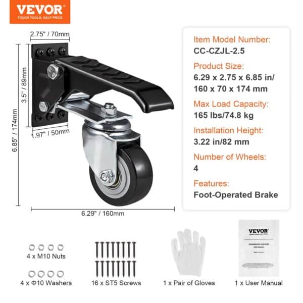 VEVOR workbench caster wheels with foot-operated brake, 165 lbs load capacity, installation kit shown.