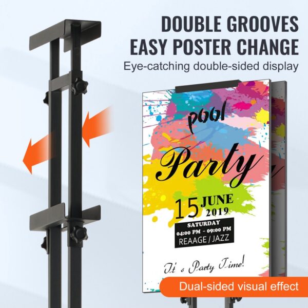 double-sided VEVOR poster stand with vibrant pool party poster and easy change grooves.
