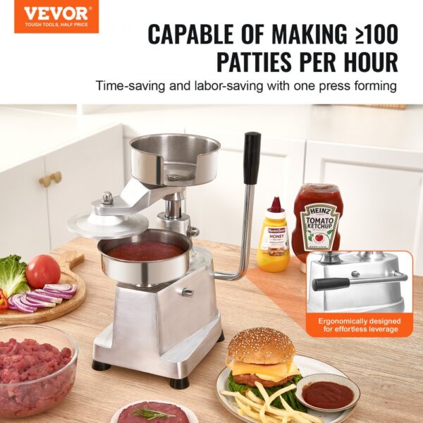 VEVOR burger patty maker in a kitchen, capable of making over 100 patties per hour, near condiments.