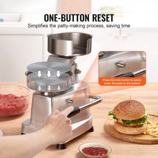 VEVOR burger patty maker with one-button reset, simplifying patty-making. burger and raw meat displayed.