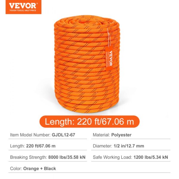 VEVOR double braided polyester rope in orange, 220 ft/67.06 m, 1/2 in diameter with 8000 lbs break strength