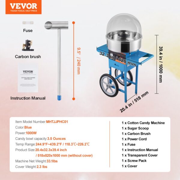 VEVOR Electric Cotton Candy Machine with Cart, 1000W Commercial Candy Floss Maker with Cover, Stainless Steel Bowl, Sugar Scoop and Drawer, Perfect for Home, Kids Birthday, Family Party, Blue