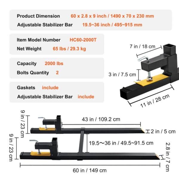 VEVOR pallet forks dimensions, weight, and capacity details with adjustable stabilizer bar and gaskets included.