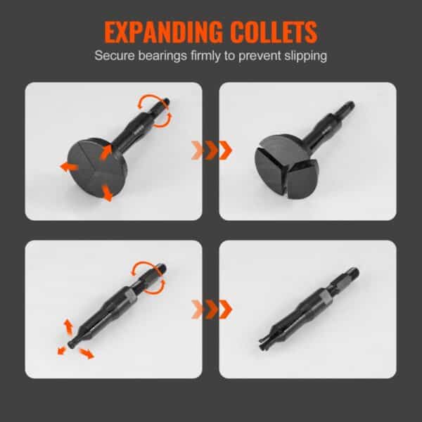 four images showing the VEVOR blind hole bearing puller set with expanding collets and directional arrows.