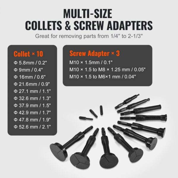 VEVOR blind hole bearing puller set with 10 collets and 3 screw adapters for removing various parts.