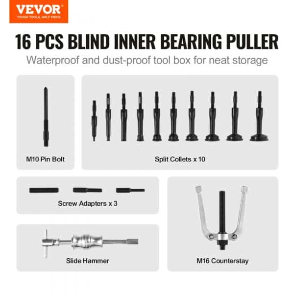 VEVOR blind hole bearing puller set with split collets, slide hammer, pin bolt, and screw adapters.