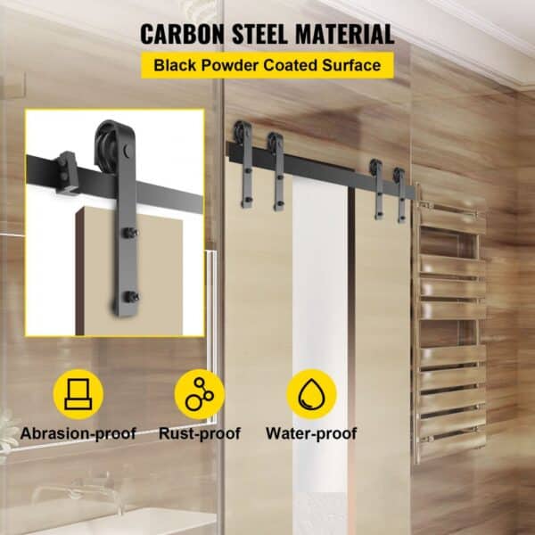 VEVOR barn door hardware kit with black powder-coated carbon steel and rust-proof features.