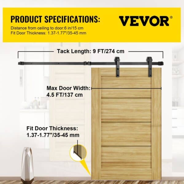 VEVOR barn door hardware kit for doors 4.5 ft wide and 1.37-1.77 inches thick.