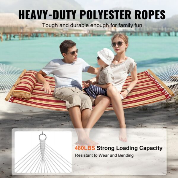 family relaxing on VEVOR quilted hammock by the beach, highlighting heavy-duty polyester ropes and 480lbs capacity.