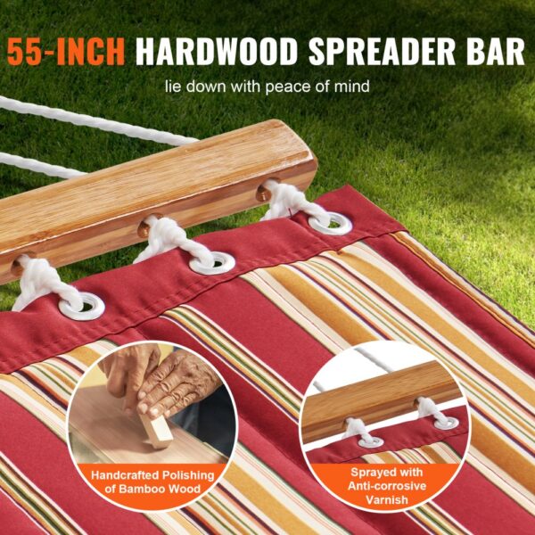 55-inch hardwood spreader bar on VEVOR quilted hammock with striped fabric, handcrafted bamboo wood.