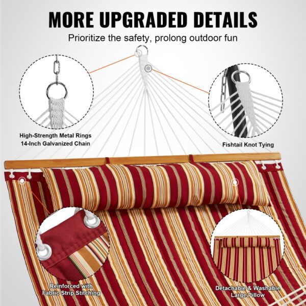 VEVOR quilted hammock features high-strength rings, galvanized chain, fishtail knot tying, and a large pillow.