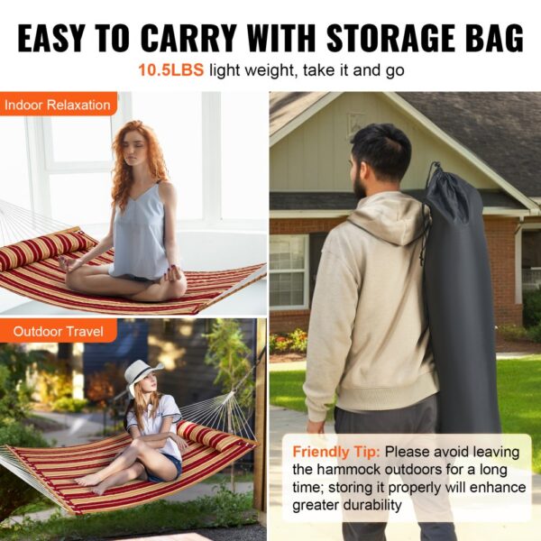 VEVOR quilted hammock, lightweight at 10.5 lbs, shown for indoor relaxation and outdoor travel, with storage bag.