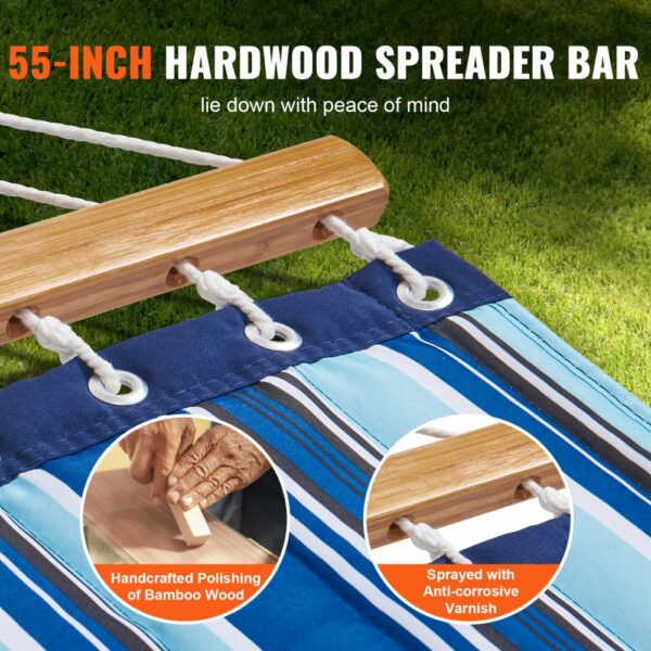 VEVOR double hammock with 55-inch hardwood spreader bar and durable blue striped fabric.