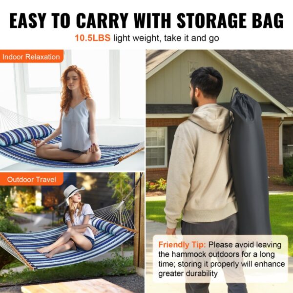 VEVOR double hammock for indoor relaxation and outdoor travel, easy to carry with storage bag.