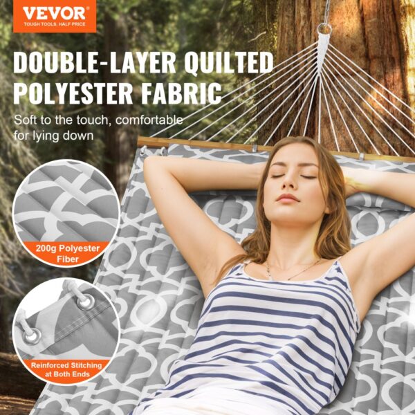 VEVOR double quilted hammock: comfortable double-layer polyester fabric, reinforced stitching, 200g fiber.