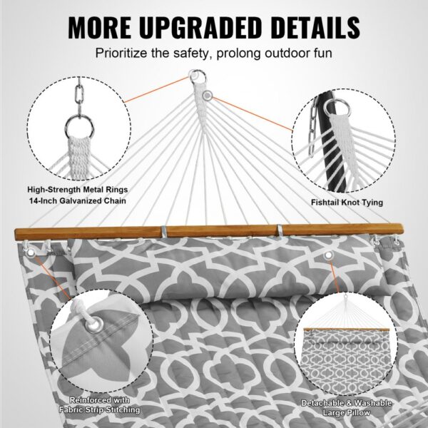 VEVOR double quilted hammock with high-strength metal rings, fishtail knot tying, and detachable pillow.