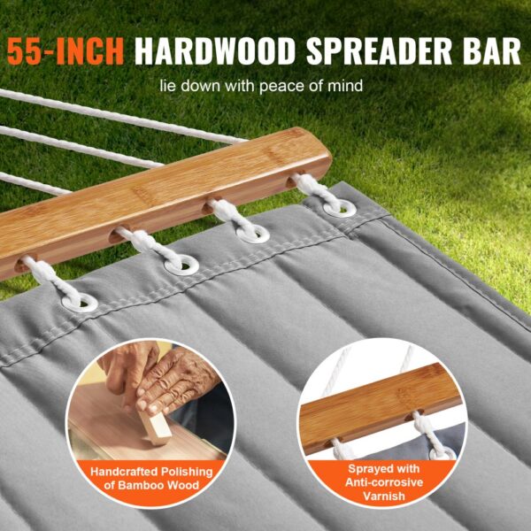 55-inch hardwood spreader bar on VEVOR double hammock, polished bamboo wood, anti-corrosive varnish.