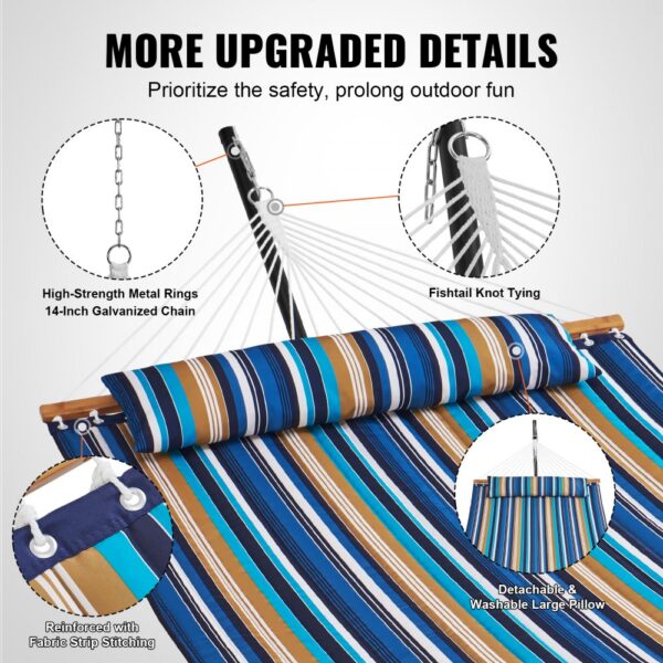 VEVOR double hammock with striped fabric, metal rings, fishtail knot tying, and detachable pillow.