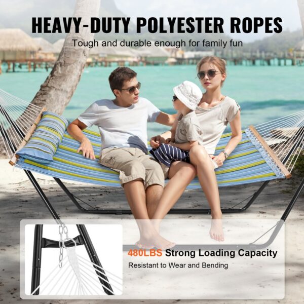 family enjoying VEVOR double hammock on a beach with heavy-duty polyester ropes, 480lbs load capacity.