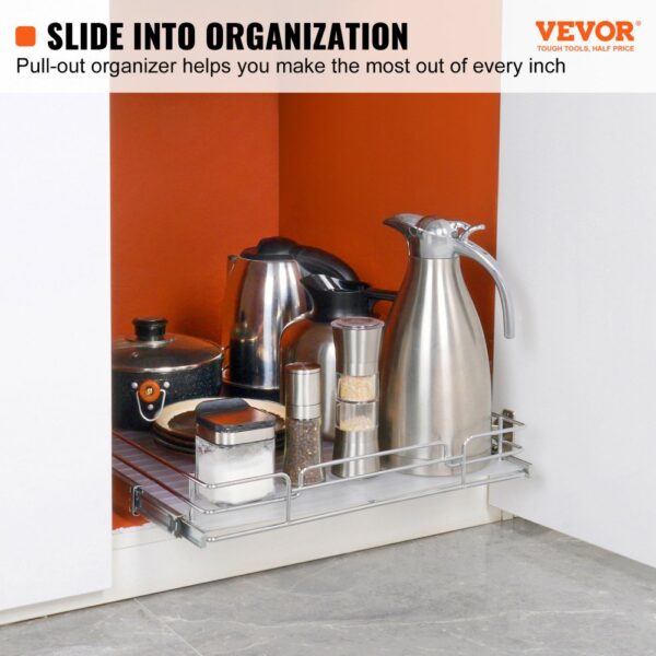 VEVOR pull out cabinet organizer with kitchen essentials, maximizing space in an orange and white kitchen.