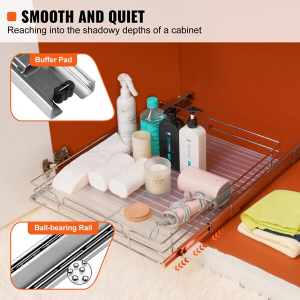 VEVOR pull out cabinet organizer with hygiene products, buffer pad, and ball-bearing rail system.