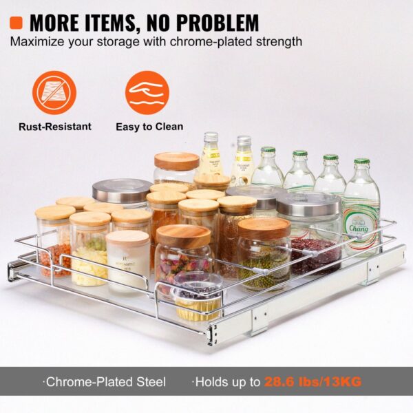 VEVOR pull out cabinet organizer holding jars and bottles, chrome-plated steel, rust-resistant, easy to clean.