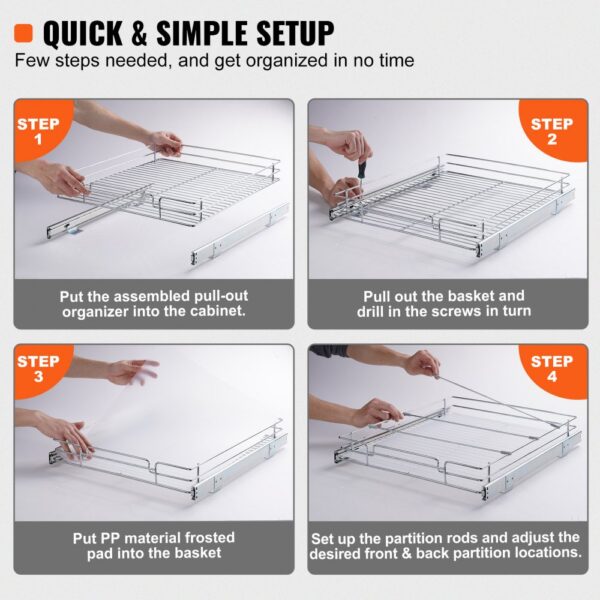 quick and simple setup steps for VEVOR pull out cabinet organizer with assembly diagrams.