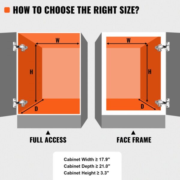 VEVOR pull out cabinet organizer size guide: full access vs face frame, dimensions w, h, d listed.