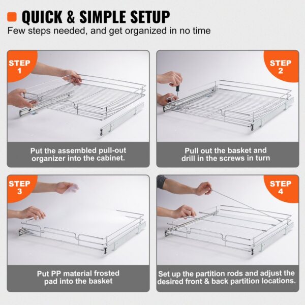 quick setup guide for VEVOR pull out cabinet organizer in 4 steps with images and text instructions.