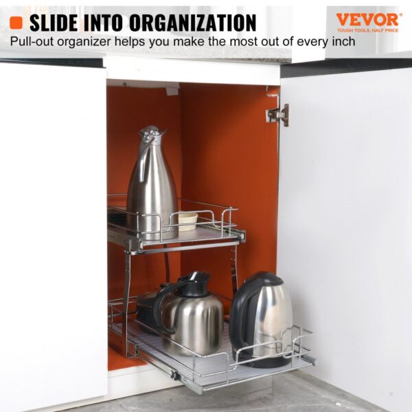 VEVOR pull out cabinet organizer with kettles and cups on two sliding shelves inside a white cabinet.